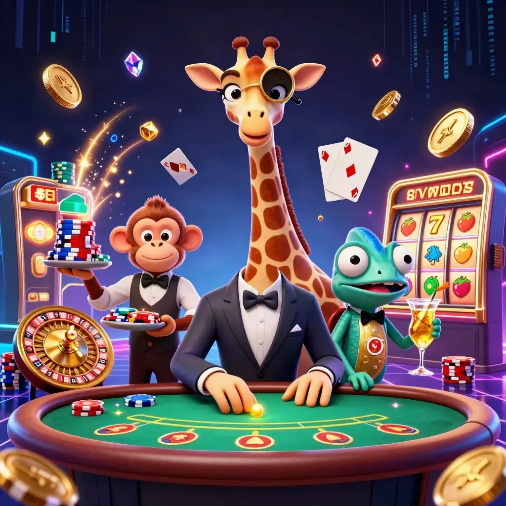 Giraffe, aap en kameleon aan een VIP pokertafel met munten, chips en neon casino-effecten.