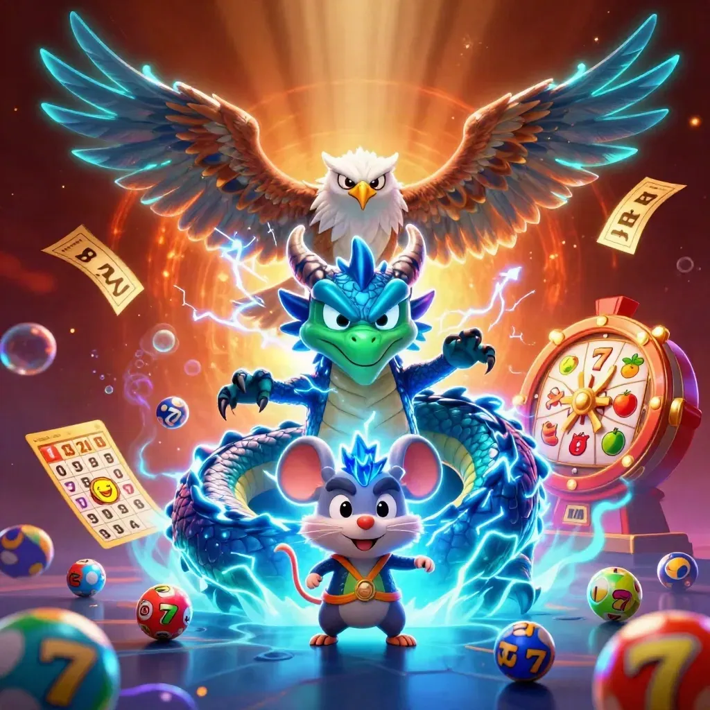 Neon draak, windhavik en thunder-muis tussen loterijballen en gouden casinospullen.