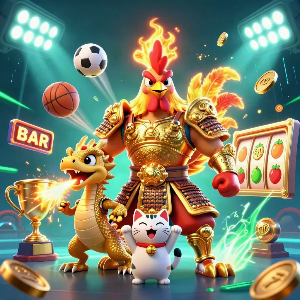 Gouden haan-samurai met draakje en gelukskat, omringd door ballen, munten en casino-glans.