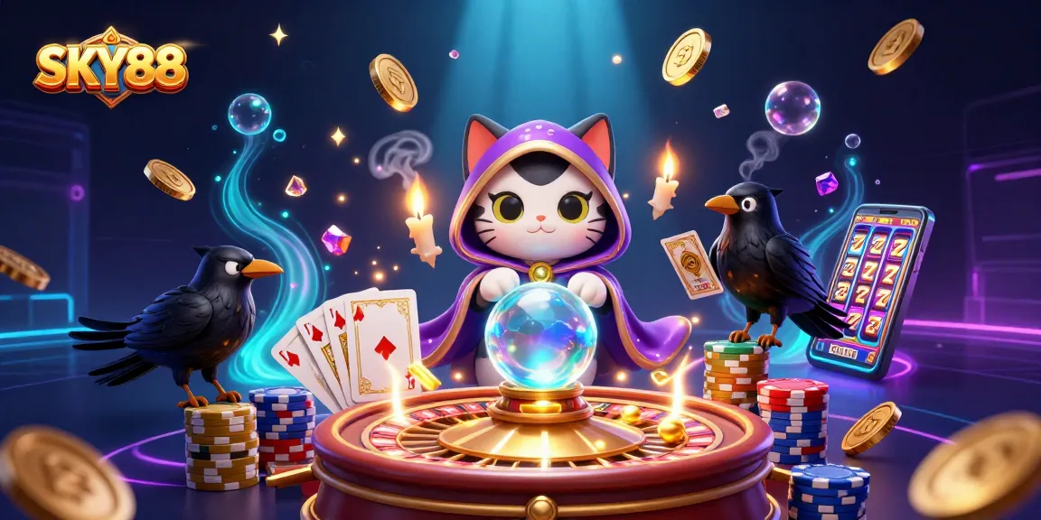 Witness SKY88's vibrant casino essence with a mystic cat and captivating characters in an enchanting scene.