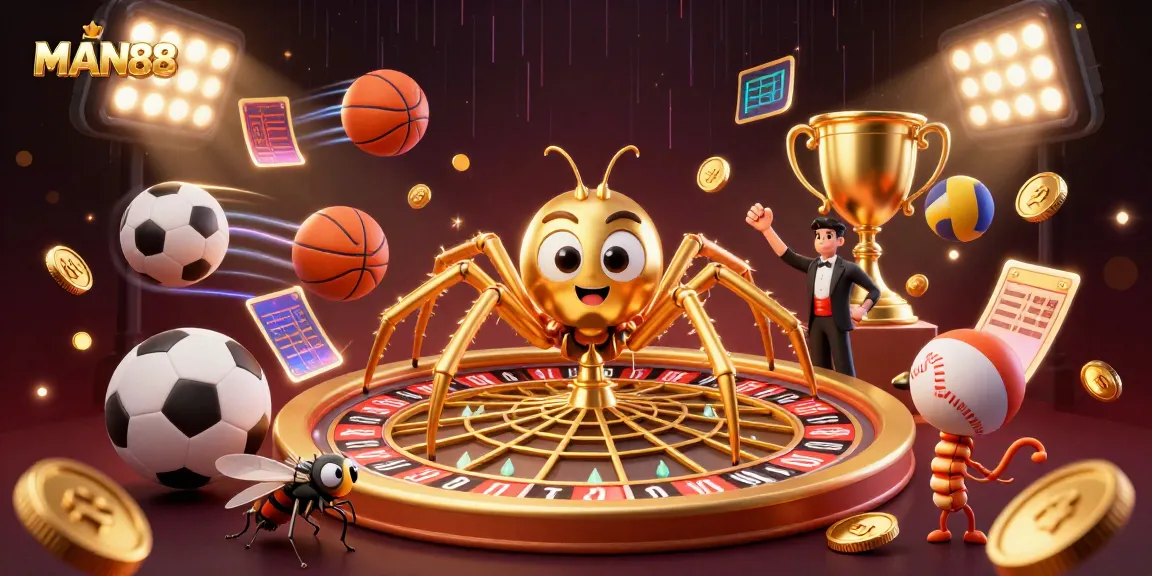 MAN88 showcases a lively gambling scene with a spider, a fly, and a centipede as engaging characters within a dynamic betting environment.