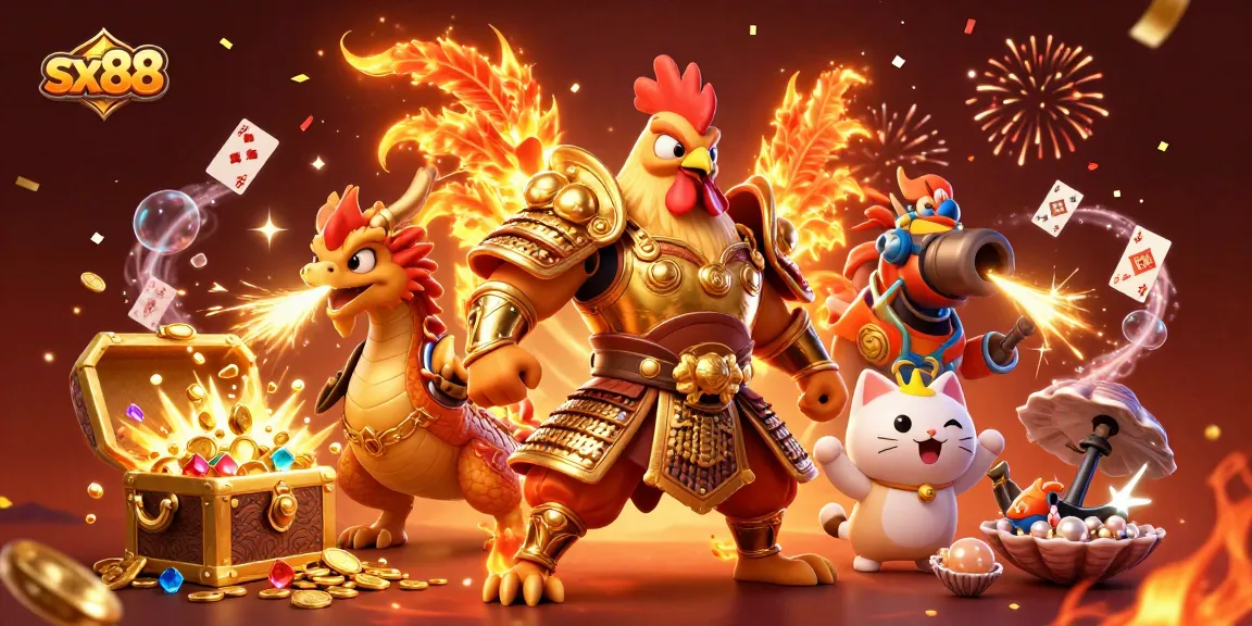 SX88 casino features a powerful rooster warrior and dragon hatchling surrounded by gold coins and slot symbols.