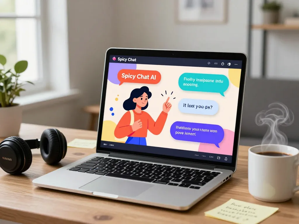 Interactive Spicy Chat AI experience on a modern laptop, vibrant chat bubbles illustrating engaging conversations.
