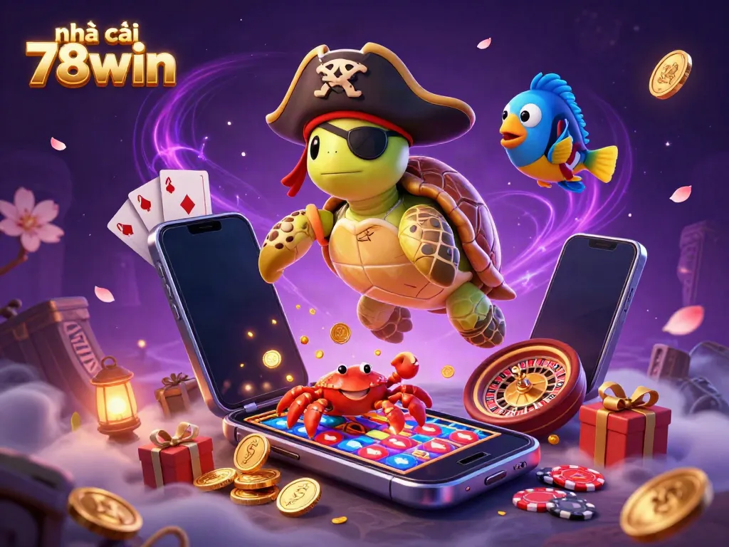 Experience exciting moments at nhà cái 78win with a unique pirate turtle and treasure-themed slot game illustration.