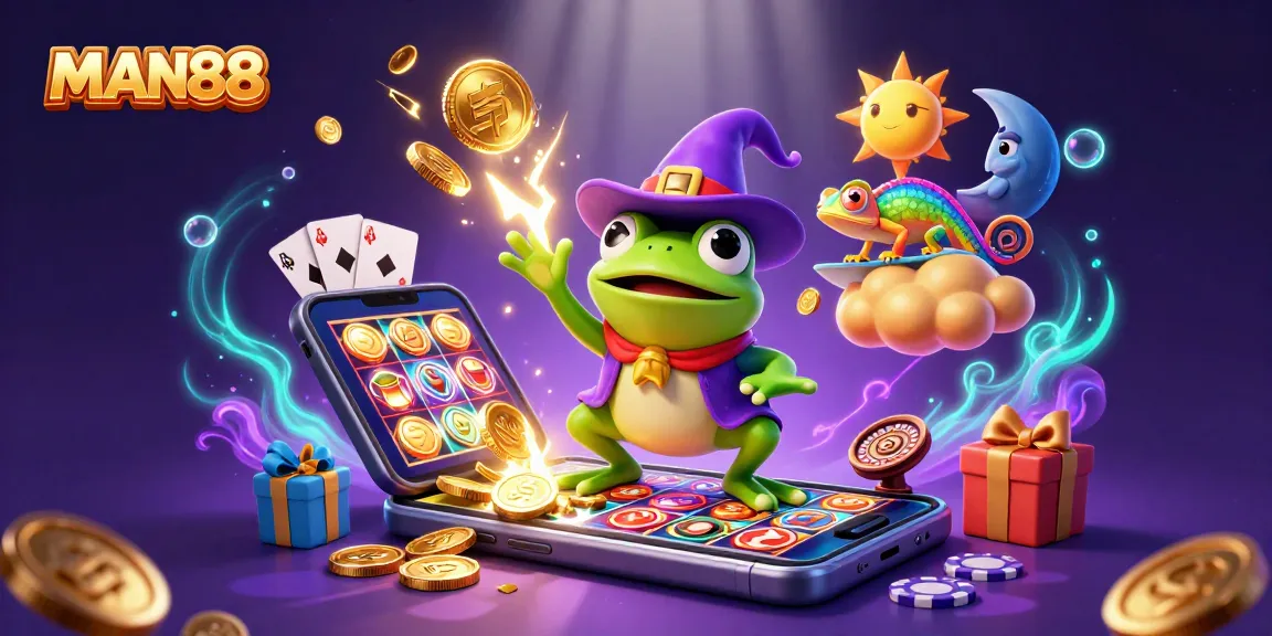 Engaging MAN88 illustration: a wizard frog conjures golden coins as a chameleon rides a cloud, amidst dynamic casino elements.