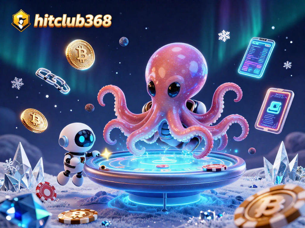 Hitclub368 showcases a vibrant 3D alien octopus at a holographic poker table amidst dynamic casino elements.