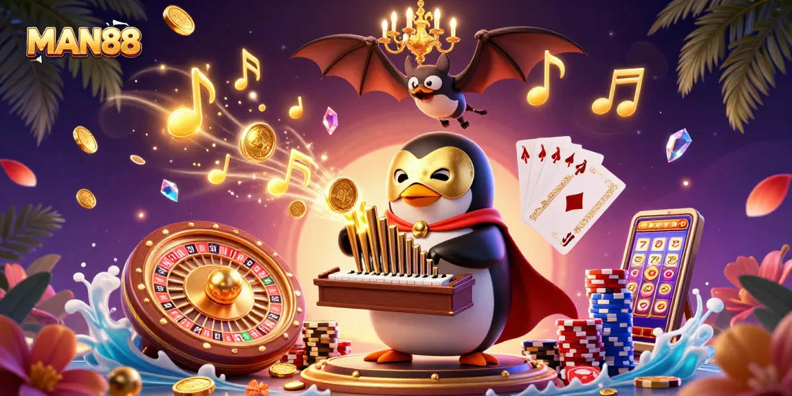 Experience MAN88 with a thrilling illustration of a penguin playing an organ surrounded by casino elements.