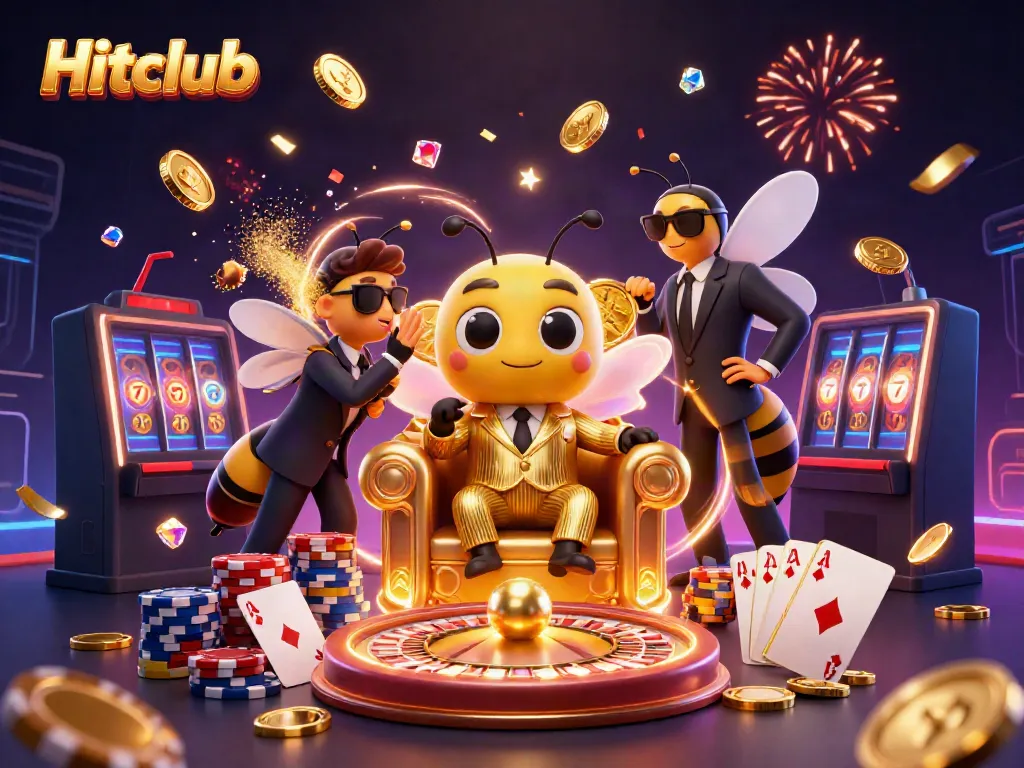 Hitclub features a vibrant illustration with a bumblebee mob boss amidst cascading coins, gems, and gambling elements.