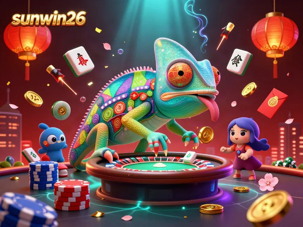 Experience excitement with the vibrant scene of sunwin26, where a chameleon casino owner watches over an array of games