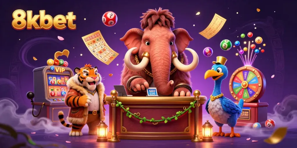 Experience the vibrant excitement of 8xbet with colorful lottery elements and unique casino characters.