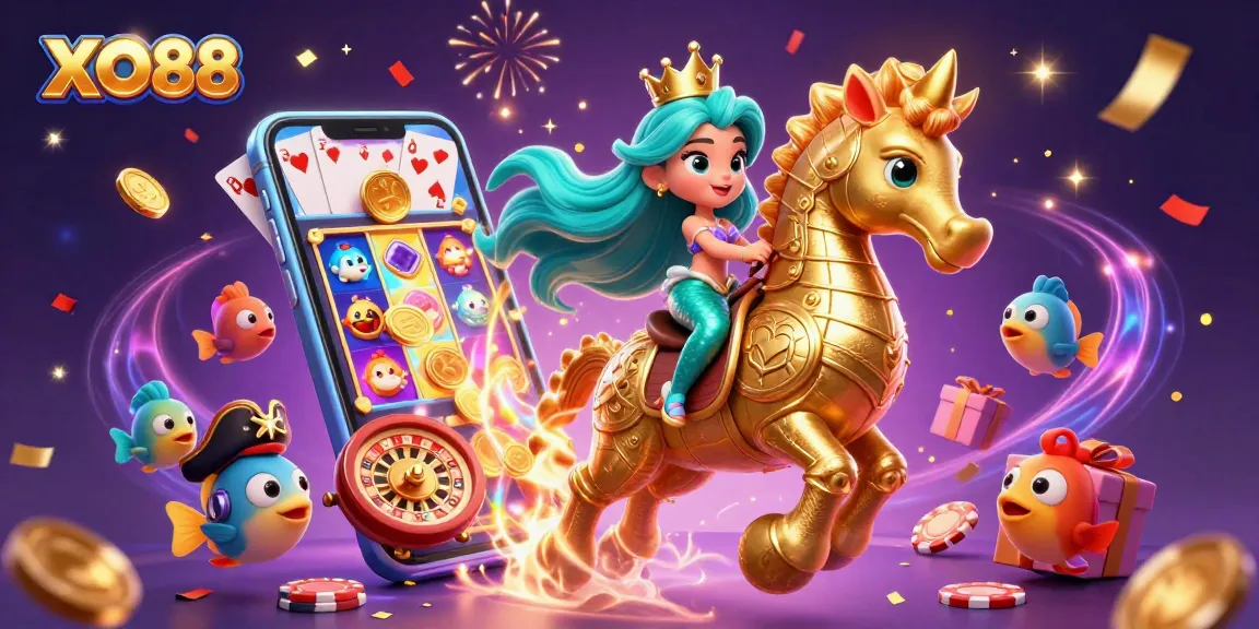 Experience the excitement of XO88 with a vibrant illustration showcasing gambling elements and whimsical characters.