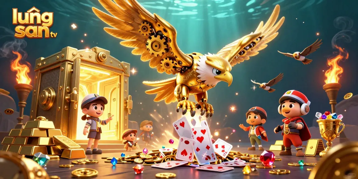 Experience thrilling play with lương sơn tv, illustrated by a cybernetic eagle amidst glowing treasures.
