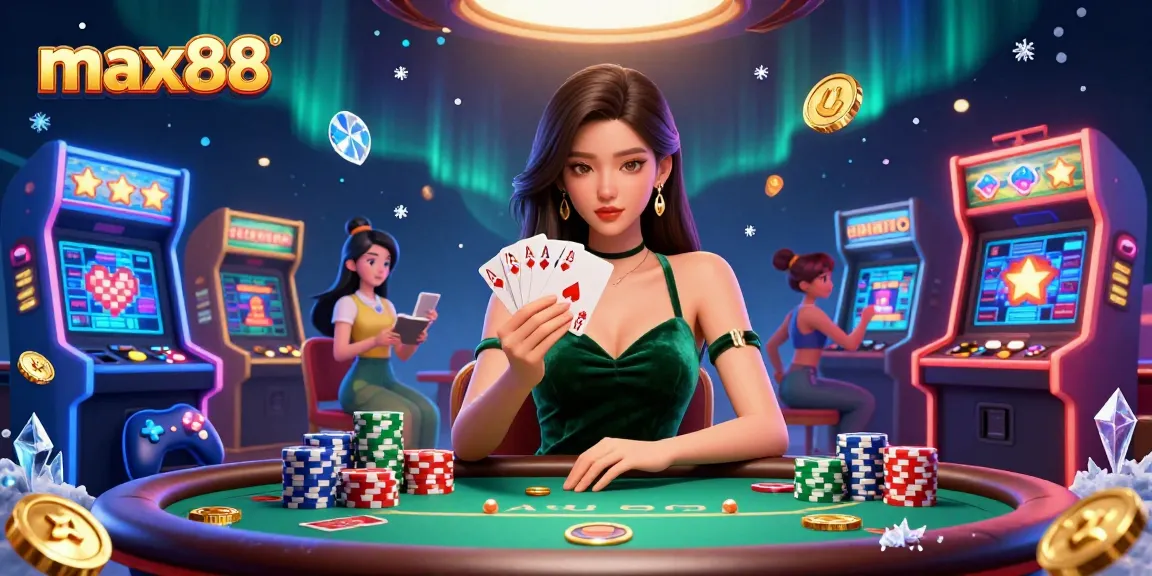 Experience high-stakes poker at max88 with a stunning casino scene featuring an elegant Asian woman.