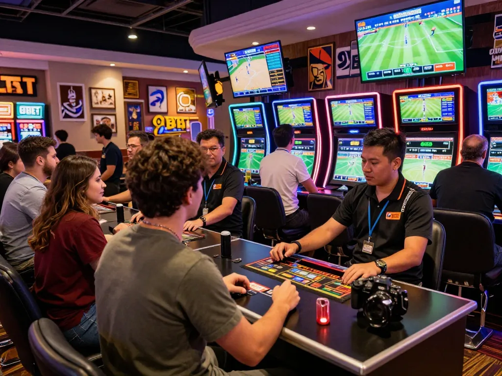 Excited bettors placing bets at the 9BET sports betting lounge with live odds displayed.