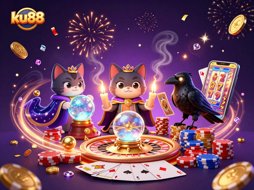 ku88 showcases an immersive casino scene with a mystic cat and a raven amid gold coins and a roulette wheel.