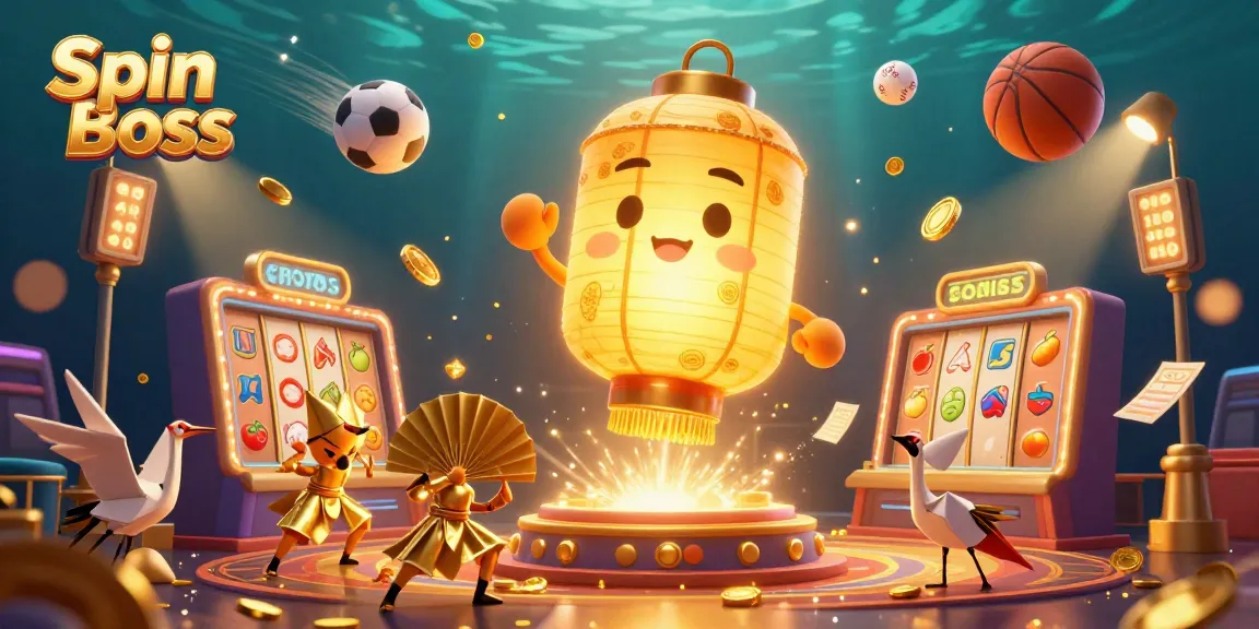 Spin Boss showcases vibrant casino action with flying slot reels, golden lanterns, and dynamic sports elements in a rich scene.