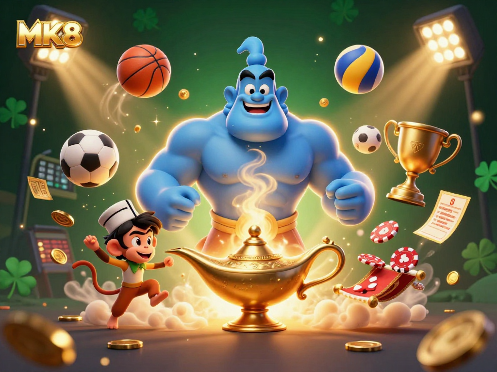 Generate excitement with MK8 while a blue genie and monkey celebrate winning sports bets.