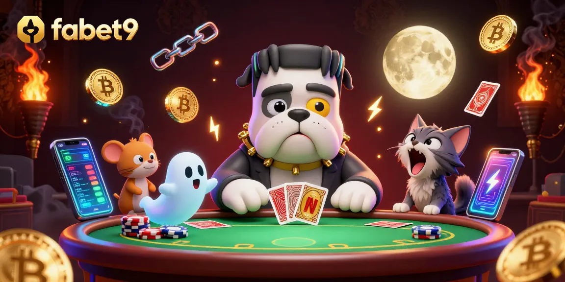 Experience thrilling poker action with fabet9 as a Frankenstein bulldog monster deals cards at a spooky table.