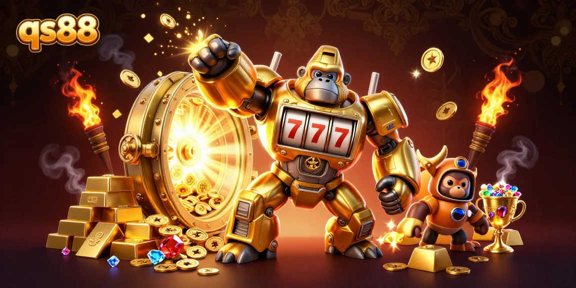 Experience thrilling wins at qs88 with the golden gorilla mech and treasures exploding in this dynamic casino illustration.