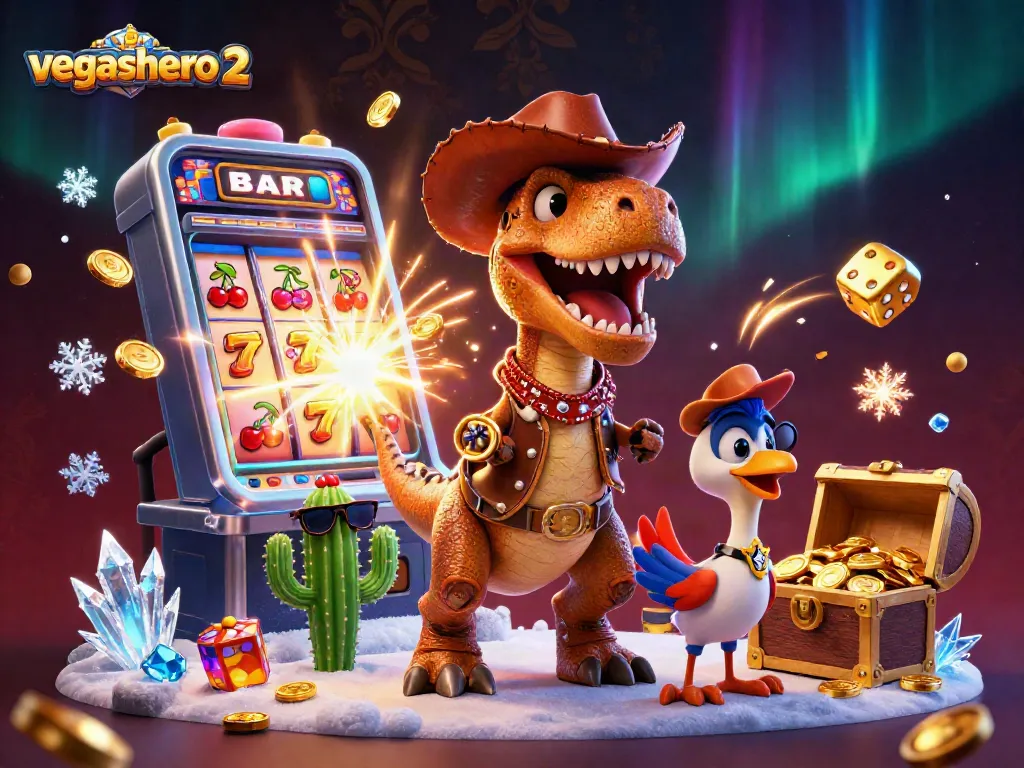 Experience the thrill of vegashero 2 with a 3D cowboy dinosaur, slot machine, and vibrant gaming elements.