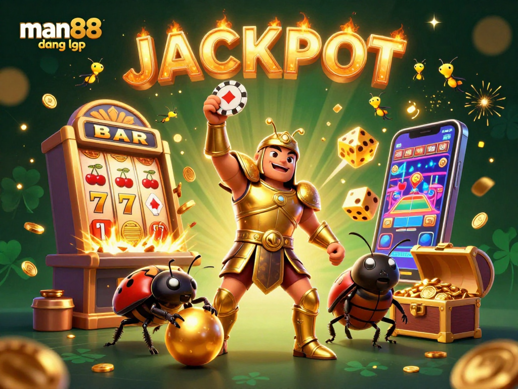 Experience man88 đăng nhập with charismatic beetles celebrating a jackpot amidst vibrant casino elements.