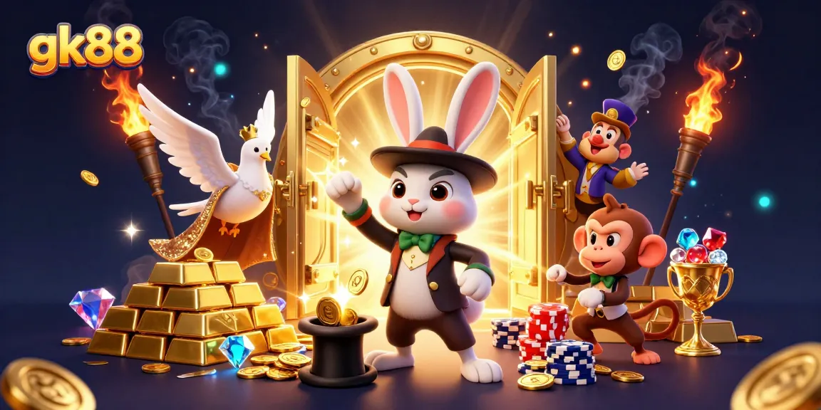 gk88 casino scene featuring a magician rabbit, assistant dove, and monkey with poker chips