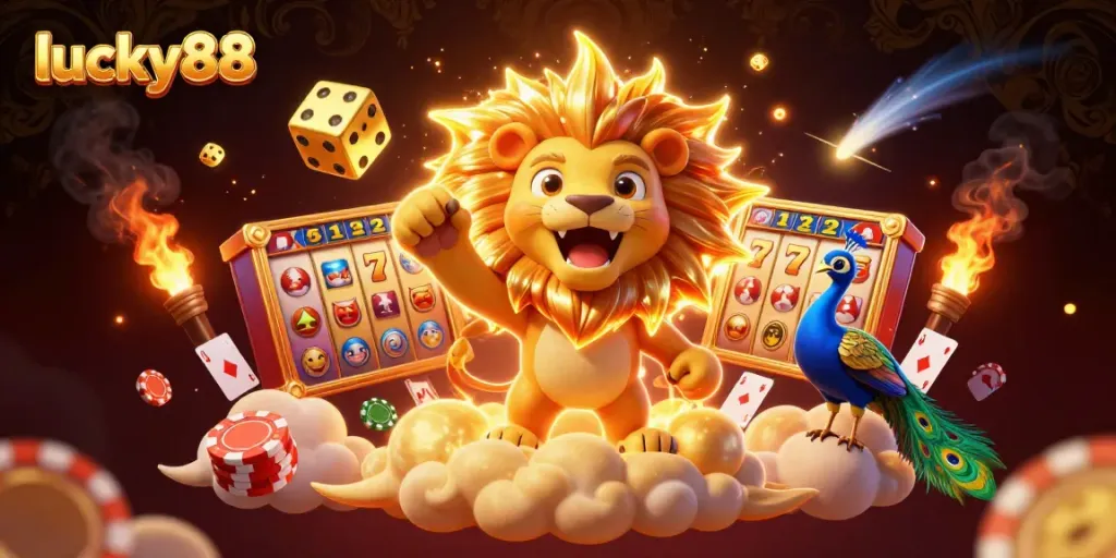 Experience the excitement of lucky88 with a roaring sun lion and vibrant casino elements.