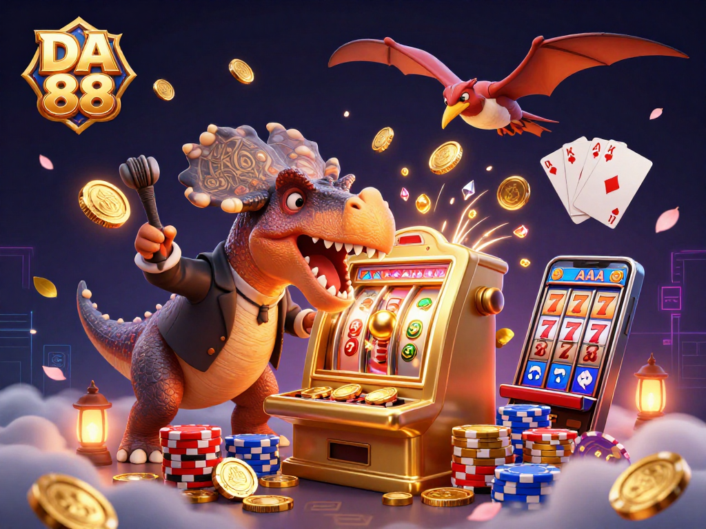 DA 88 slots come alive as a pachycephalosaurus headbutts a golden machine, cashing out coins.