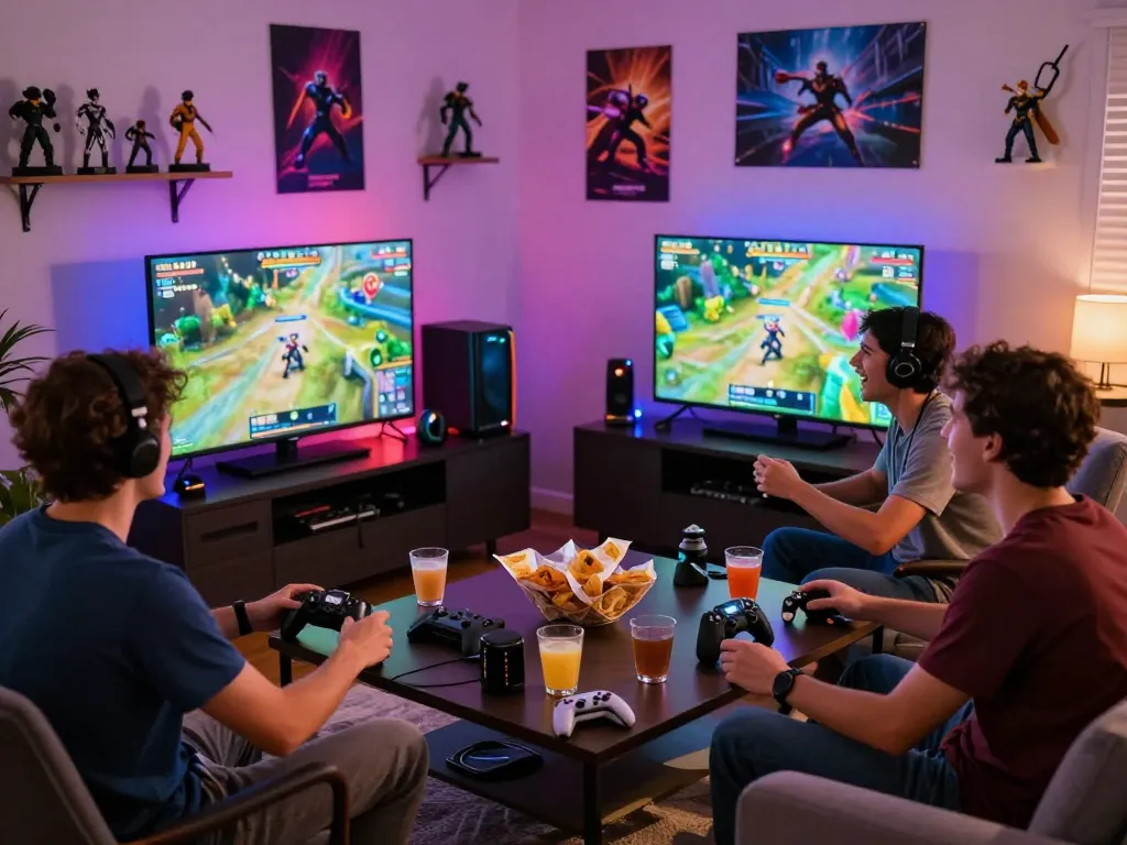 B52Club friends enjoying an exciting gaming session with vibrant visuals and snacks.
