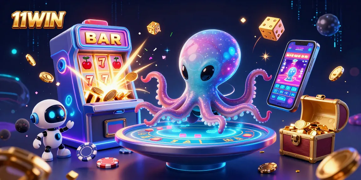Play thrilling casino games with the 11WIN alien octopus and robot in an exciting cosmic setting.