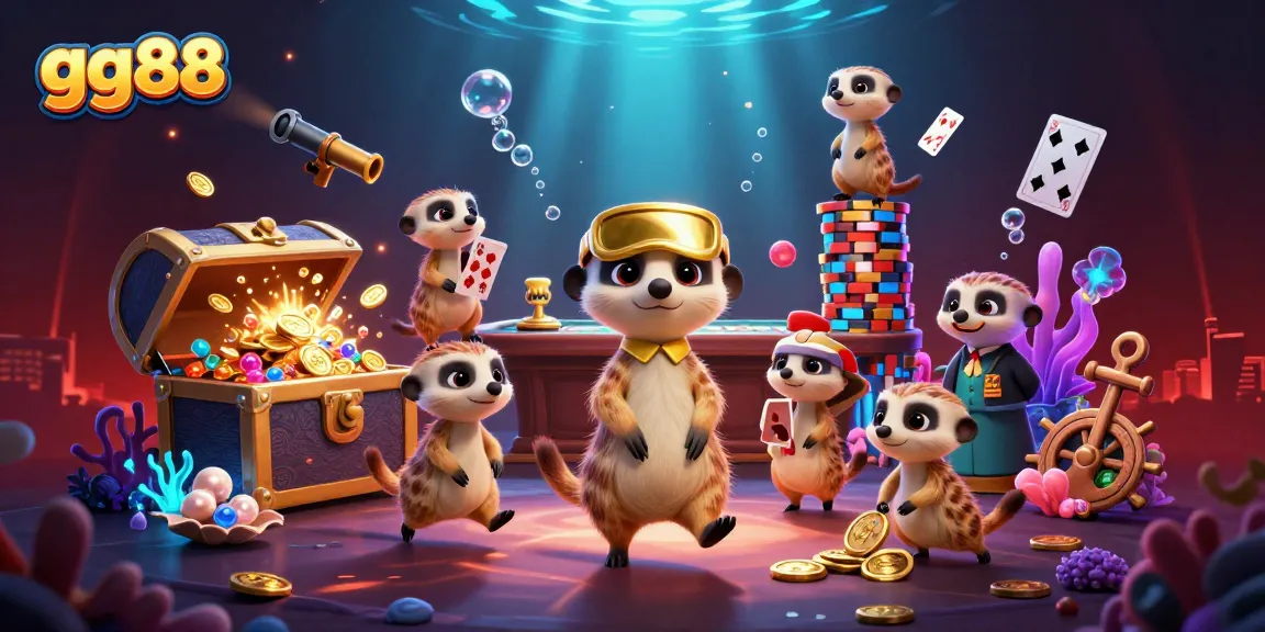 Vista of a lively online casino scene featuring meerkats operating games, promoting gg88 entertainment.
