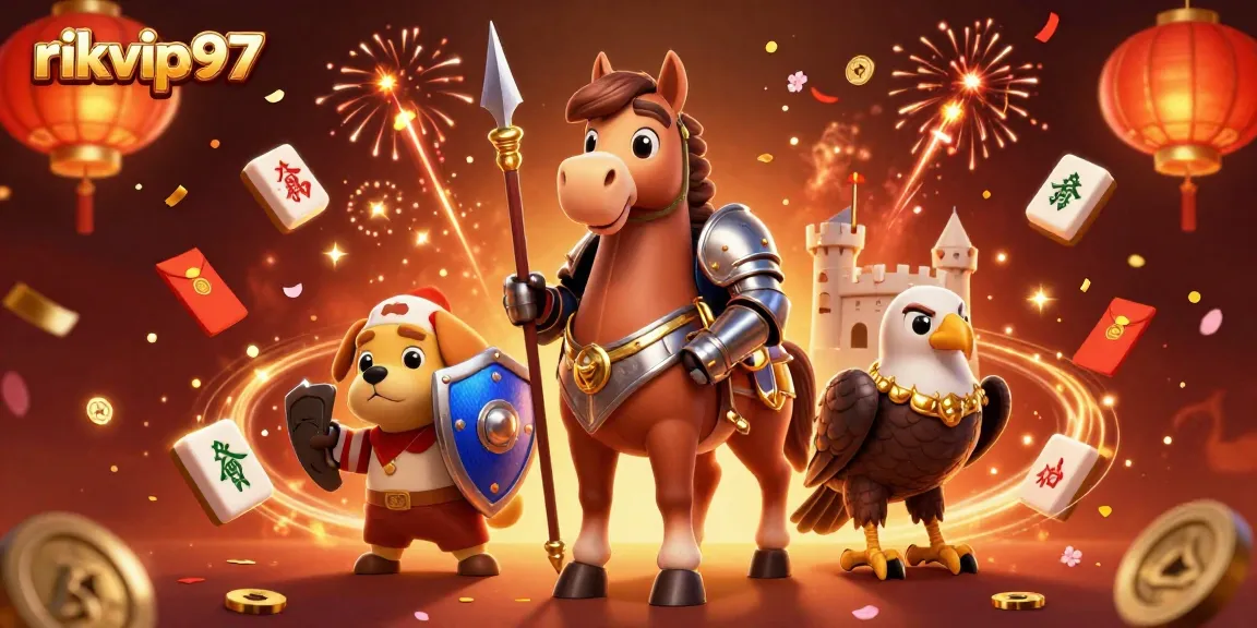 Experience the thrill of gaming with rikvip97 featuring a knight, puppy, and falcon in a vibrant casino scene.