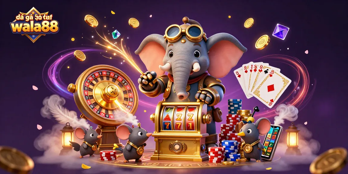 Engage in exciting đá gà trực tiếp wala88 with a lively steampunk scene featuring a mechanical elephant and dynamic gaming elements.