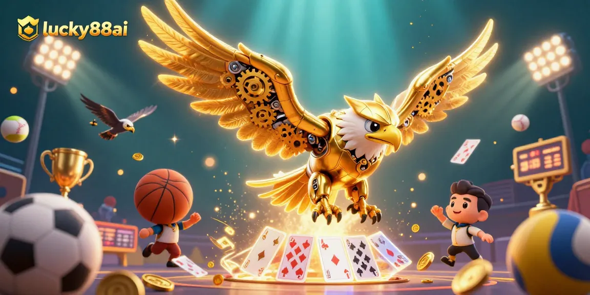 Engage in vibrant gambling action at lucky88ai with a dynamic golden eagle diving through holographic cards.