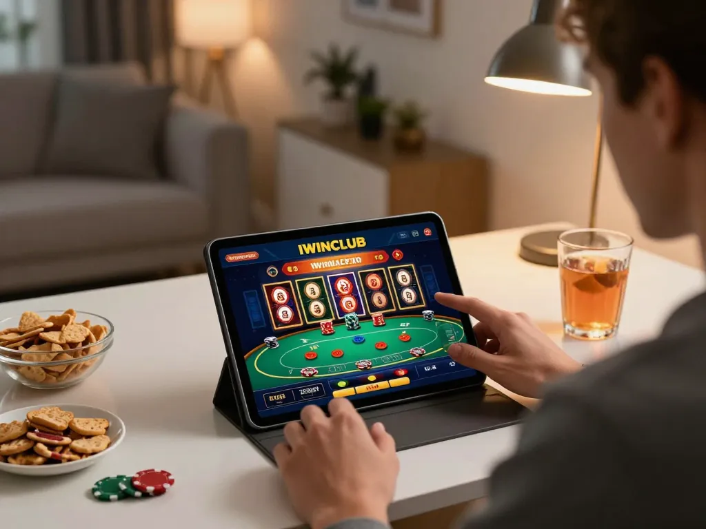 IWINCLUB gamer engaging with casino app on tablet in cozy home office setup