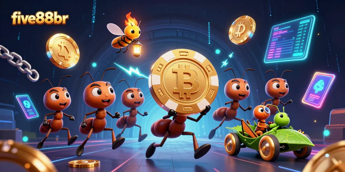 Engage in a thrilling five88br heist scene with ants, crypto coins, and vibrant casino elements.