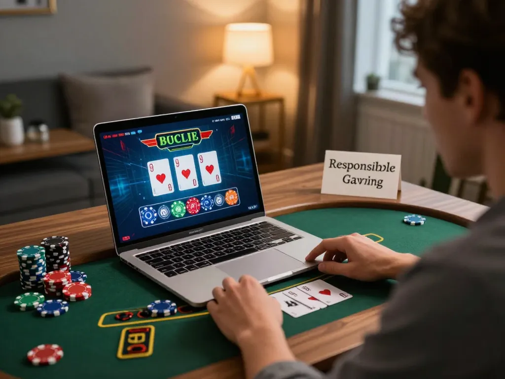 Person playing live dealer baccarat in online casino setting, showcasing w 88 gaming experience at home.