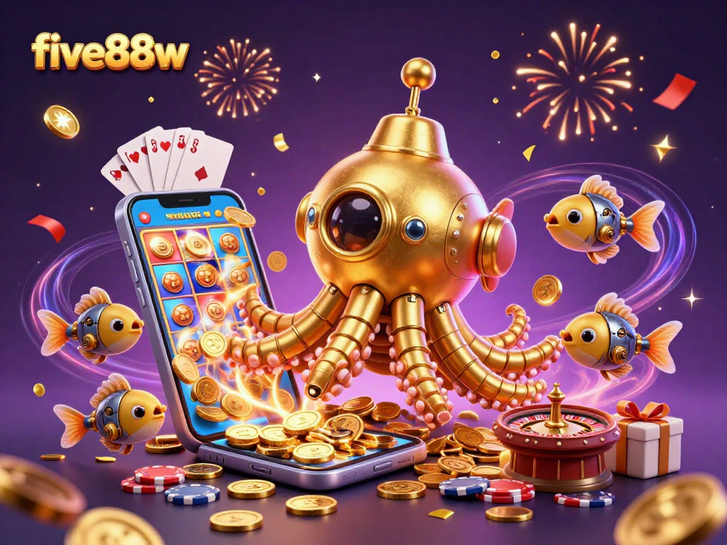 Experience five88w's winning excitement with a 3D golden kraken submarine in a vibrant casino world!