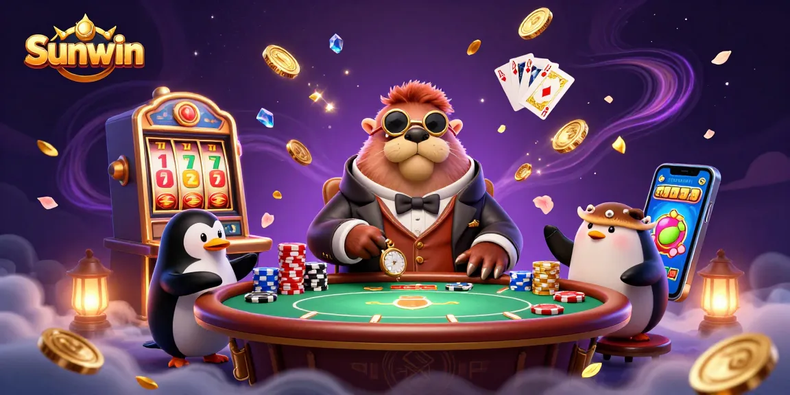 Experience high-stakes fun with Sunwin's underwater casino featuring a sabre-toothed walrus, penguin dealer, and pufferfish player.