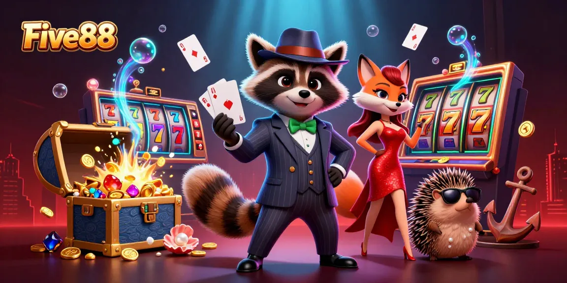 Experience the excitement of Five88 with a suave raccoon, glamorous fox, and vibrant casino elements.