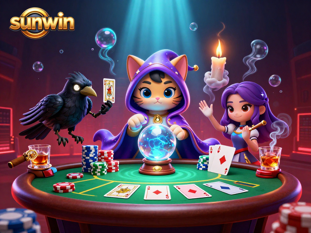 Sunwin captures epic casino moments with mystic characters, poker chips, and vibrant atmosphere.