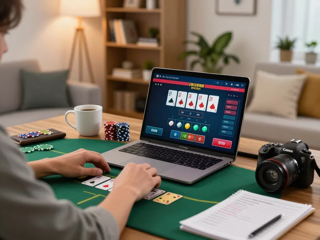 Engaging online gaming session at IWINCLUB with poker gameplay on a laptop, showcasing a cozy setup.