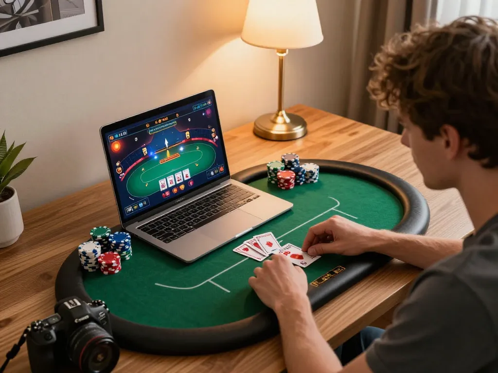 Engaging in an online poker game on Sunwin while enjoying the comforts of home.