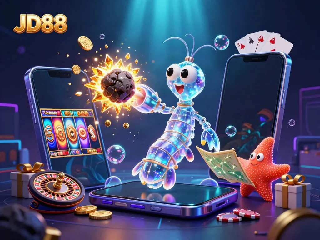 Engage with JD88’s immersive gaming universe featuring a galactic samurai mantis shrimp amidst dazzling gold coins.