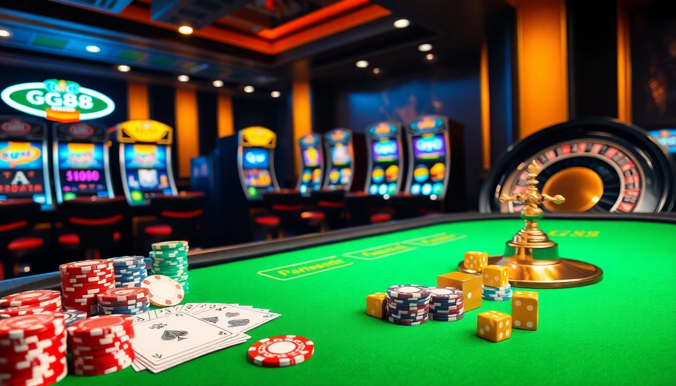 Experience the thrill at GG88 gaming tables surrounded by colorful poker chips and illuminated slot machines.